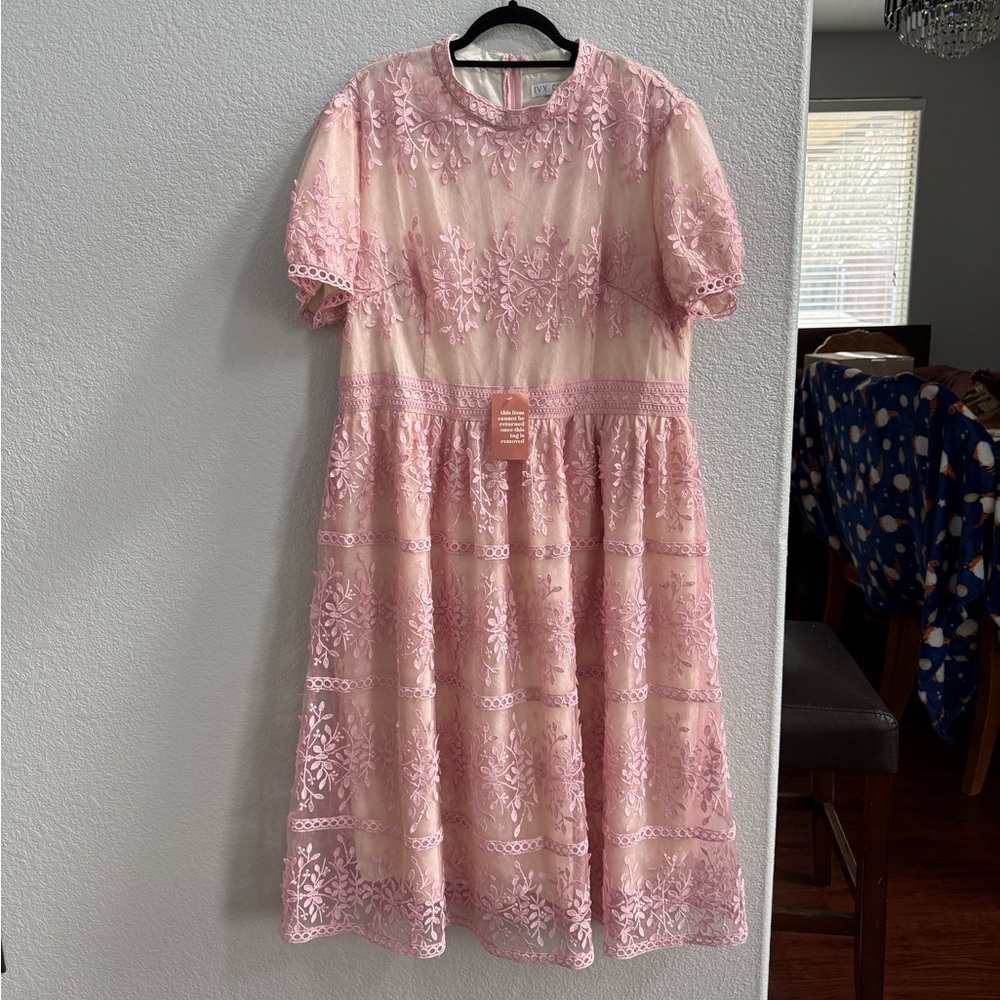 Ivy City Co Pink Lace Midi Dress